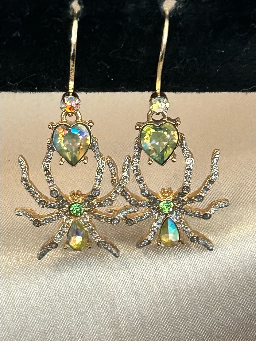 Betsey Johnson Gold-Tone Iridescent Heart & Green Stone Spider Drop Earrings
